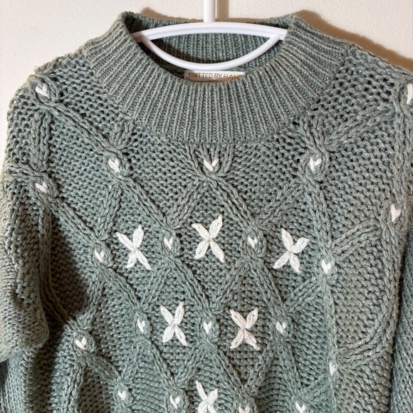 Vintage Huntington Ridge Hand Knit Ramie Sweater Sage Green Floral Embroidered M - Picture 2 of 7